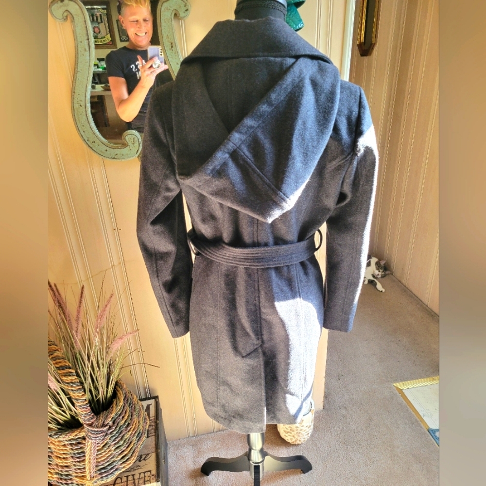 London fog women size small wool hooded pea coat-grey/black